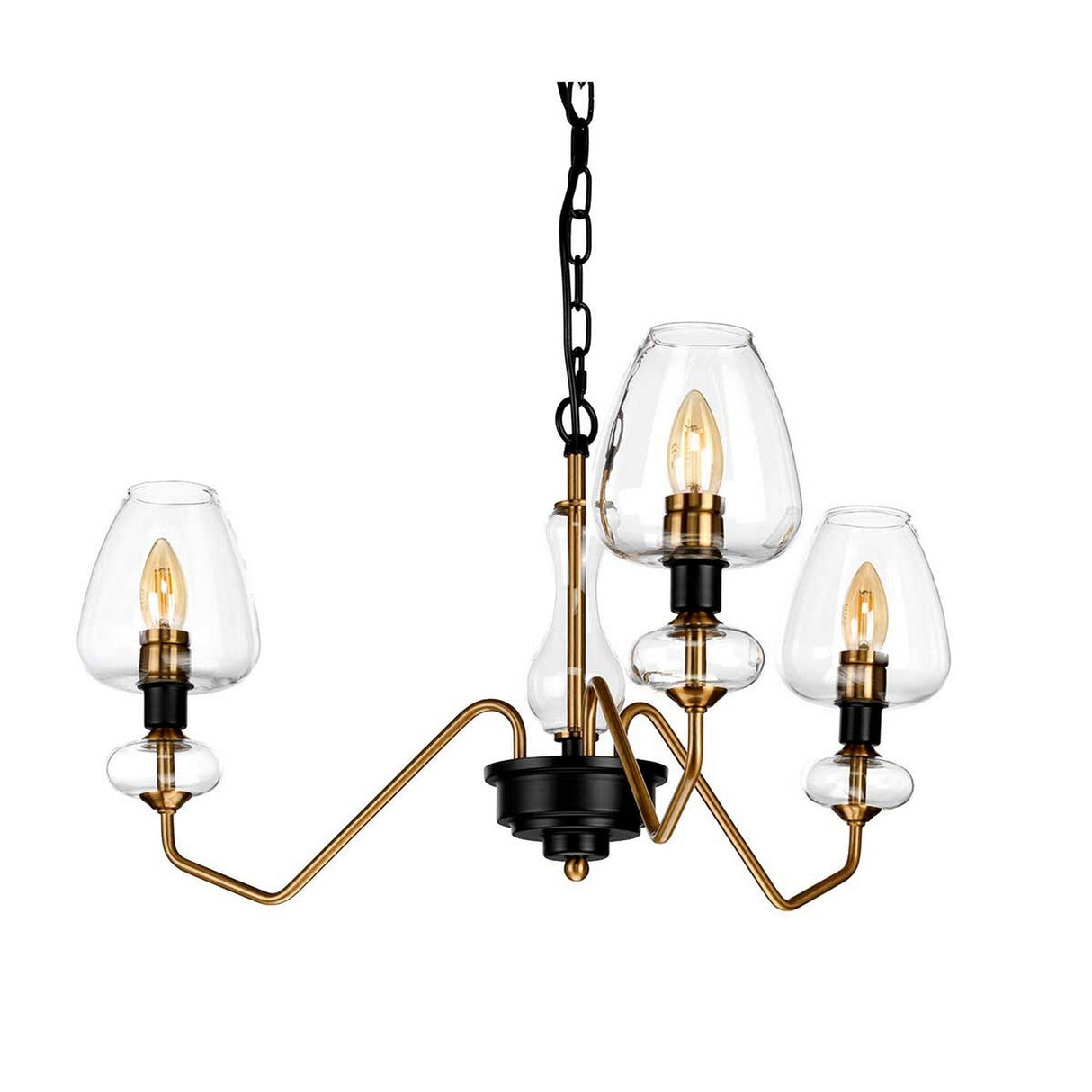 A modern chandelier with three candle-shaped bulbs nestled in clear, tulip-shaped glass shades. Highlighting contemporary design lighting, it features an elegant aged brass plated and charcoal black paint finish and dangles gracefully from a chain.