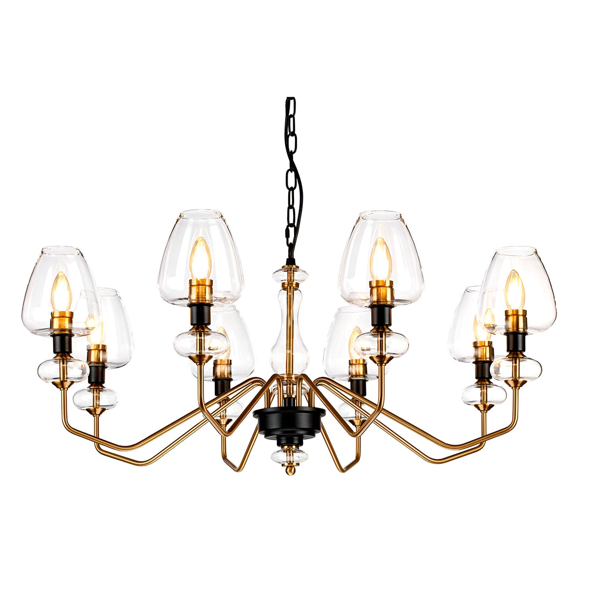 Introducing the Armand 8 Light Chandelier, featuring a sleek and modern aesthetic with eight bulb fixtures, each elegantly enclosed in a clear glass shade. This sophisticated design showcases a gold structure accented by charcoal black paint, complemented by angular arms stemming from a central column. The chandelier is suspended gracefully by a black chain, emphasizing its elegant aged brass plated finish.
