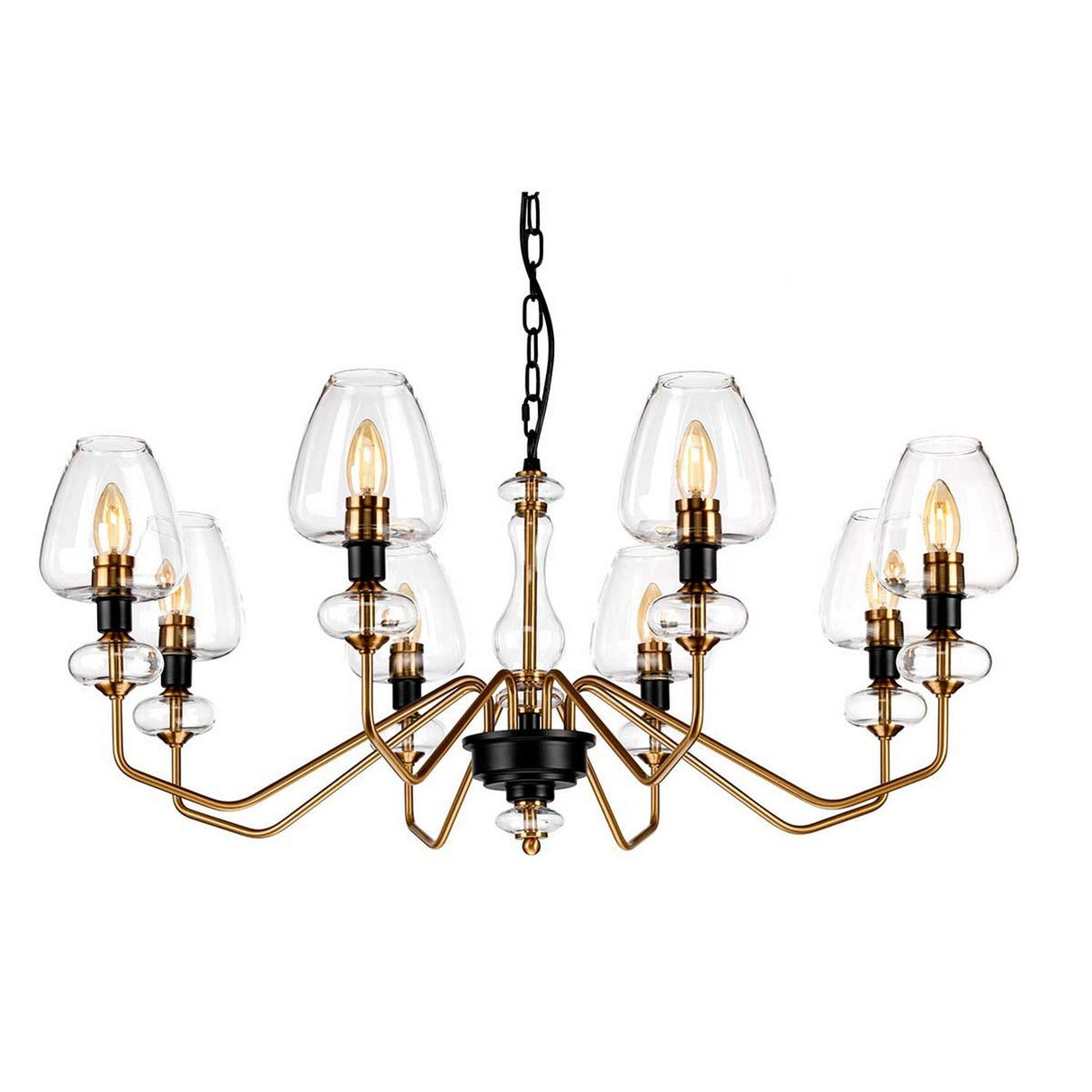 Introducing the Armand 8 Light Chandelier, a blend of aged brass and charcoal black paint. This elegant fixture features eight arms with clear glass shades and exposed bulbs, combining a contemporary design with gold-colored accents for a sophisticated look.