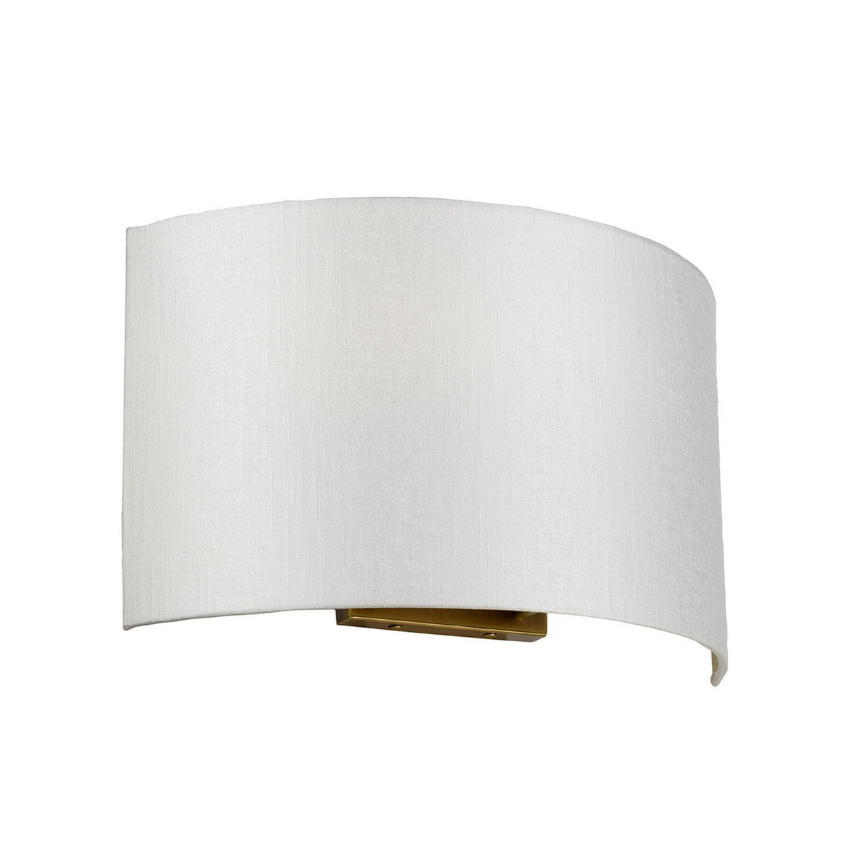 The Cooper Large Curved Wall Light in aged brass brings vintage charm with its wide, white fabric shade, beautifully contrasted against a pristine white background.