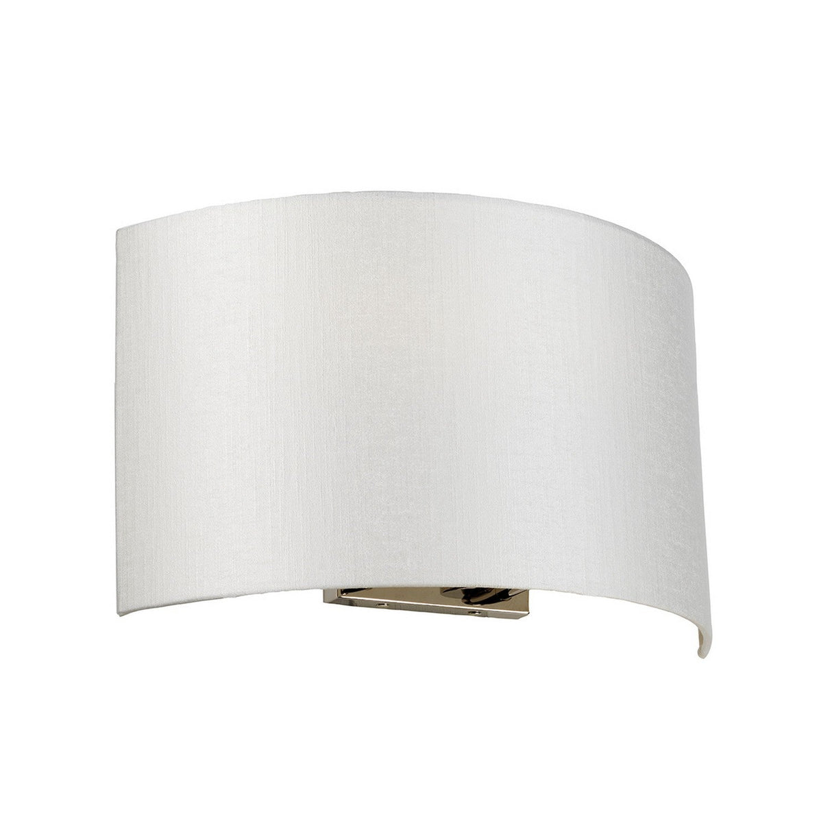 The Cooper Large Curved Wall Light in polished chrome exudes elegance with its wide, curved faux silk shade. Its rectangular base complements the design, offering ambient lighting and a sleek, contemporary look.
