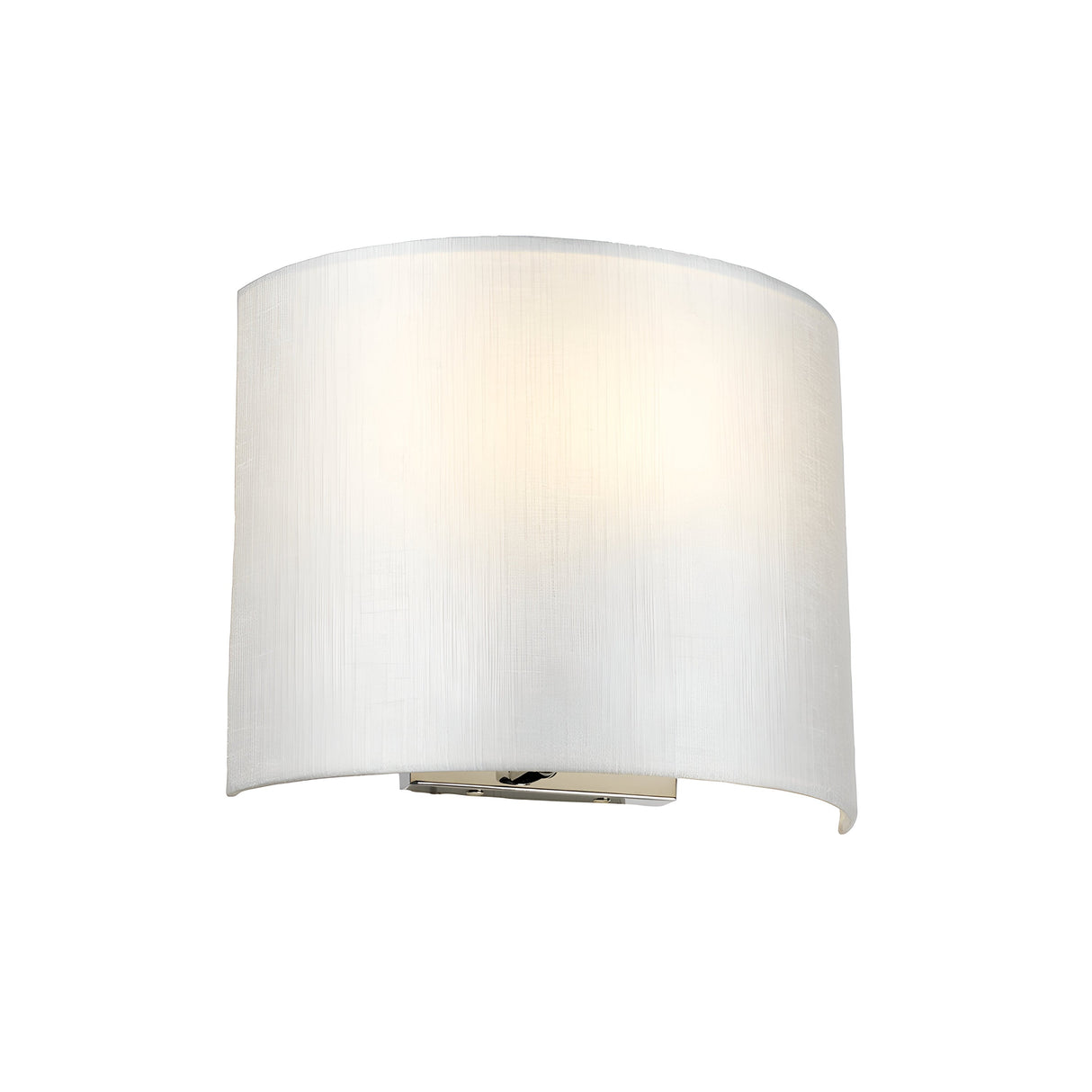 The Cooper Medium Curved Wall Light - Polished Chrome features a contemporary wall sconce with a medium curved, white fabric shade that emits a soft, warm glow. Its minimalist design harmonizes perfectly with modern interiors, while the polished chrome finish enhances the gentle diffusion of light through the fabric to create an inviting ambiance.