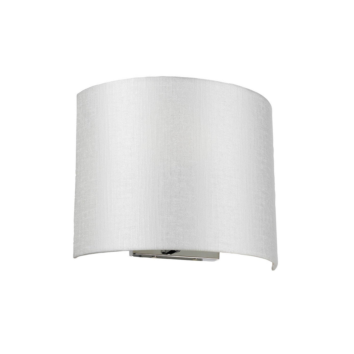 The Cooper Medium Curved Wall Light in polished chrome boasts a sleek design, featuring a white fabric shade. It's mounted on a rectangular metal base with elegant chrome accents, perfect for adding a minimalist touch to contemporary interiors.