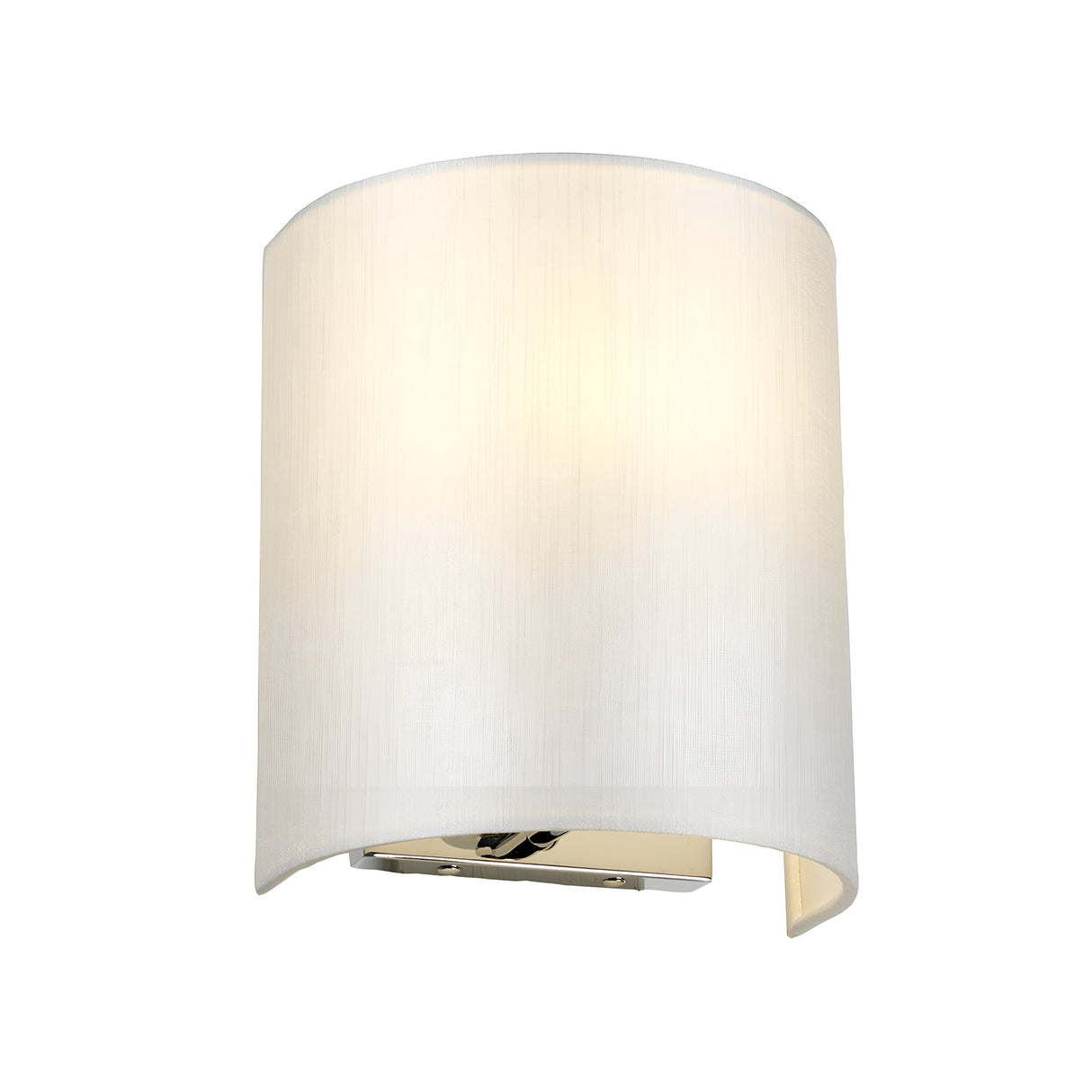 The Cooper Small Curved Wall Light - Polished Chrome features a modern cylindrical white fabric shade that softly diffuses light. Its polished chrome finish and sleek metallic base offer a minimalist design, perfect for enhancing contemporary interior spaces.