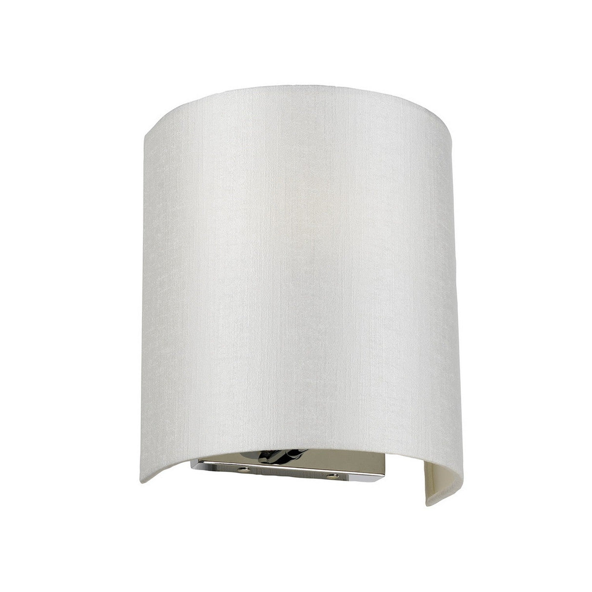 The Cooper Small Curved Wall Light in polished chrome is displayed against a plain white background, showcasing its modern cylindrical design with a white fabric shade. This light fixture embodies simplicity and elegance.