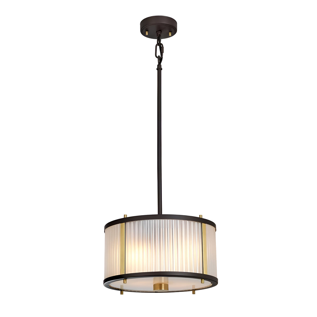The Corona 2 Light Pendant / Semi-Flush - Bronze Dark Brown is a modern fixture with a cylindrical frosted glass shade adorned with vertical grooves, hanging from a dark brown rod and chain accented by brass details. This elegant and contemporary design provides soft illumination, ideal for any chic interior space.