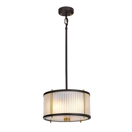 The Corona 2 Light Pendant / Semi-Flush - Bronze Dark Brown is a modern fixture with a cylindrical frosted glass shade adorned with vertical grooves, hanging from a dark brown rod and chain accented by brass details. This elegant and contemporary design provides soft illumination, ideal for any chic interior space.