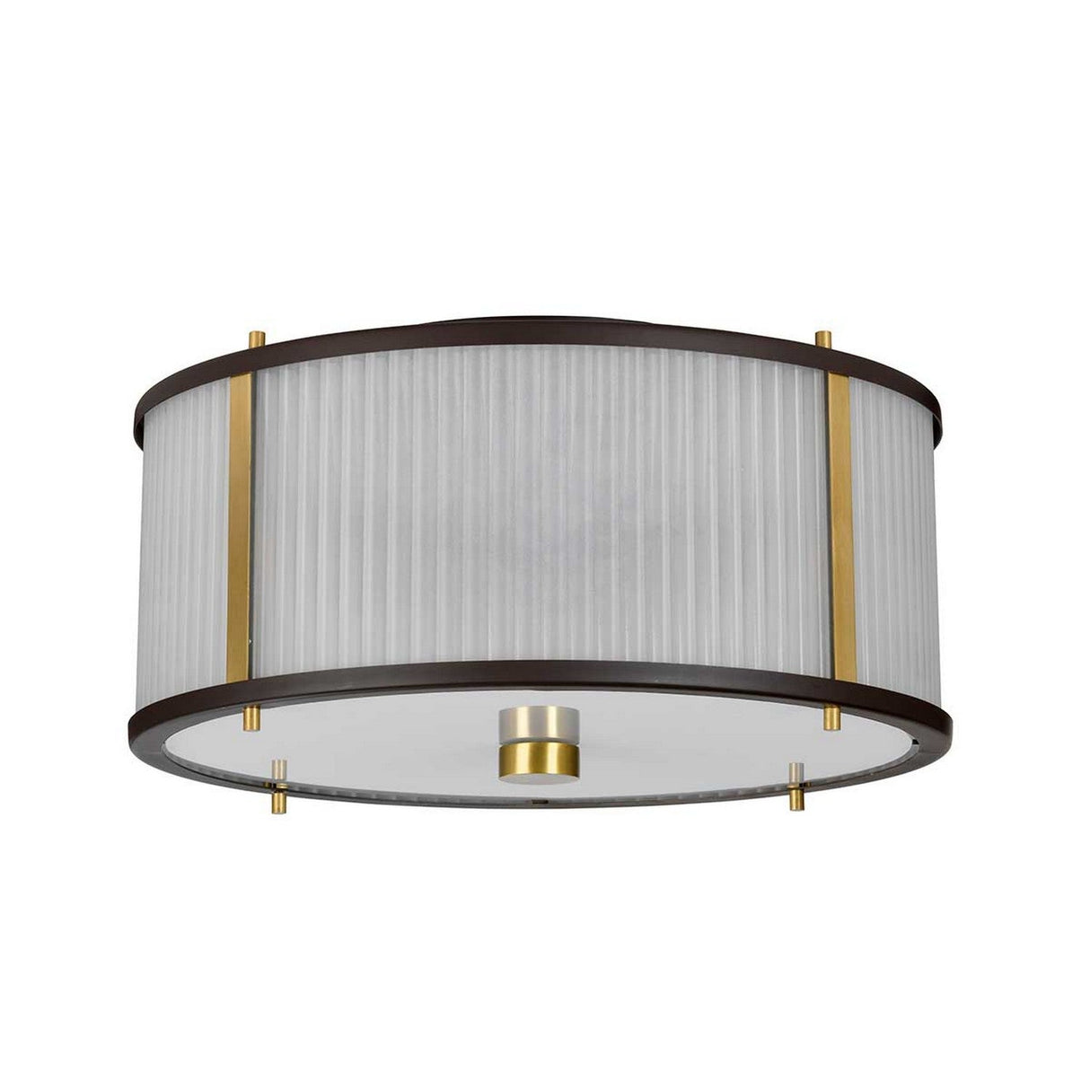 Introducing the Corona 3 Light Pendant / Semi-Flush - Bronze Dark Brown, a modern ceiling light fixture featuring a cylindrical design. It boasts a pleated white fabric shade complemented by dark bronze brown accents, and a matte black frame. The frosted glass base gently diffuses soft light throughout your space.