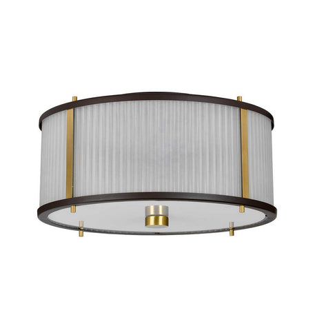 Introducing the Corona 3 Light Pendant / Semi-Flush - Bronze Dark Brown, a modern ceiling light fixture featuring a cylindrical design. It boasts a pleated white fabric shade complemented by dark bronze brown accents, and a matte black frame. The frosted glass base gently diffuses soft light throughout your space.