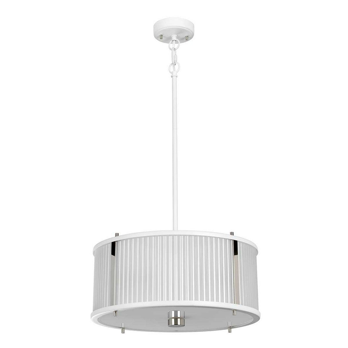 The Corona 3 Light Pendant / Semi-Flush in White Satin is a versatile lighting fixture that features a modern white cylindrical shade with vertical slits. It hangs elegantly from a sleek white rod and base, accented with silver details on the shade, making it ideal for adding a touch of brilliance to any room.