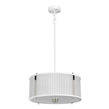 The Corona 3 Light Pendant / Semi-Flush in White Satin is a versatile lighting fixture that features a modern white cylindrical shade with vertical slits. It hangs elegantly from a sleek white rod and base, accented with silver details on the shade, making it ideal for adding a touch of brilliance to any room.