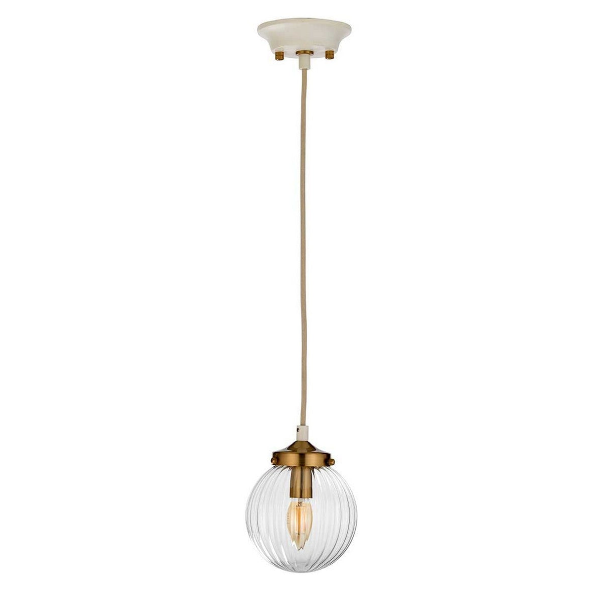 The Cosmos 1 Light Pendant features a clear ribbed, hand-blown glass shade with an exposed bulb. It showcases a gold-toned fixture accented with aged brass and includes a white ceiling mount. Suspended by a single cord, it captures a retro aesthetic.