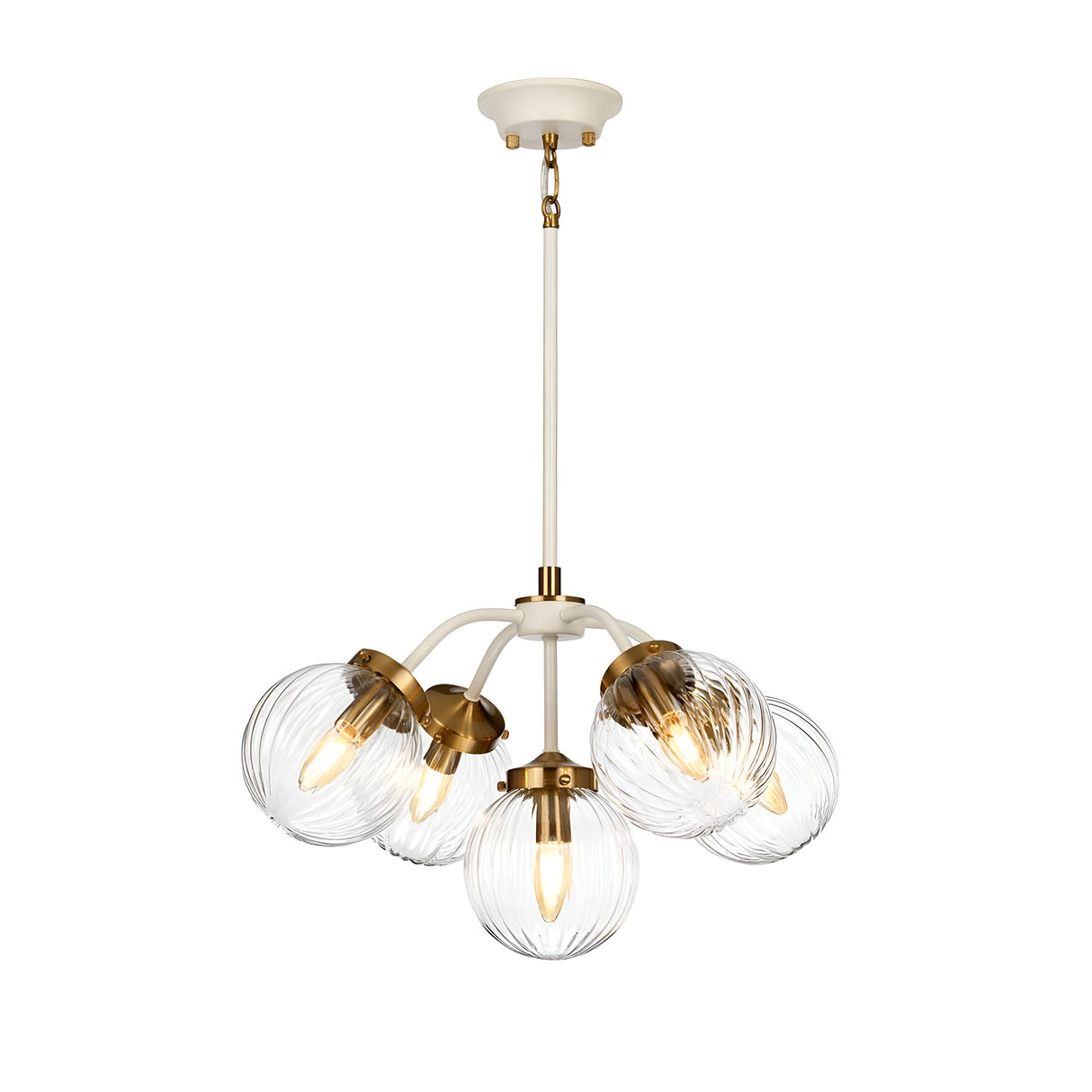 The Cosmos 5 Light Pendant - Cream Painted & Aged Brass is a modern chandelier with a cream and brass finish, exhibiting retro-inspired design. It includes five clear hand-blown glass shades, each encasing a glowing bulb suspended from a central rod, resulting in an elegant and contemporary lighting fixture.