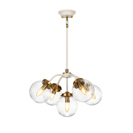 The Cosmos 5 Light Pendant - Cream Painted & Aged Brass is a modern chandelier with a cream and brass finish, exhibiting retro-inspired design. It includes five clear hand-blown glass shades, each encasing a glowing bulb suspended from a central rod, resulting in an elegant and contemporary lighting fixture.
