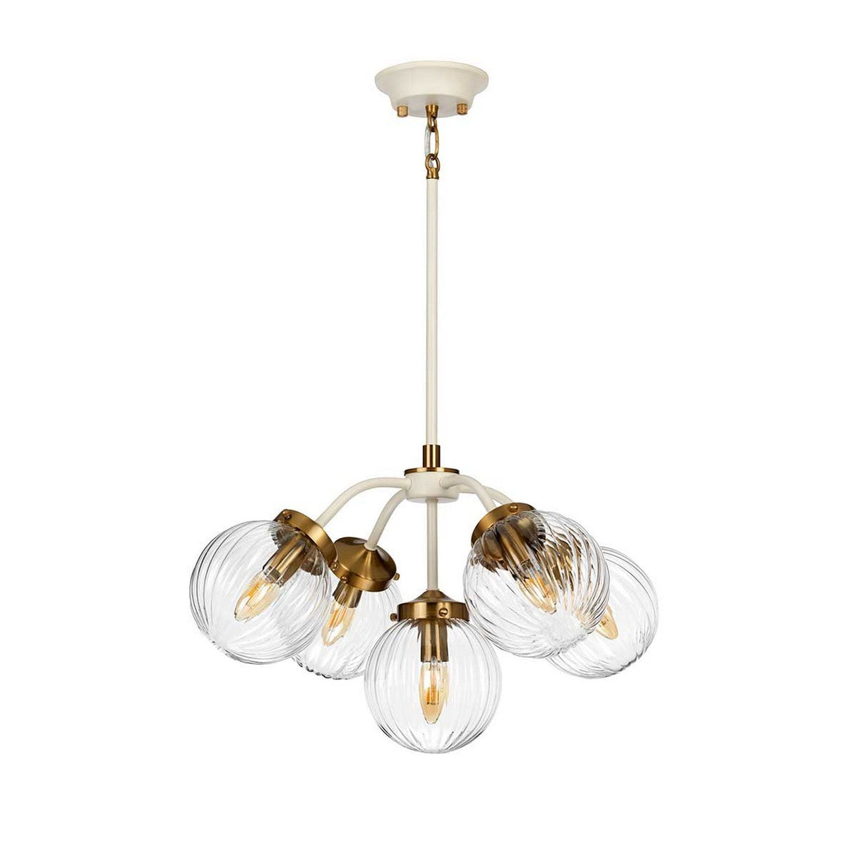 The Cosmos 5 Light Pendant - Cream Painted & Aged Brass is a modern chandelier showcasing five ribbed, hand-blown glass globe lampshades on gracefully curved metal arms. With a cream and aged brass finish, it elegantly suspends from a central rod, seamlessly merging contemporary style with retro-inspired design.