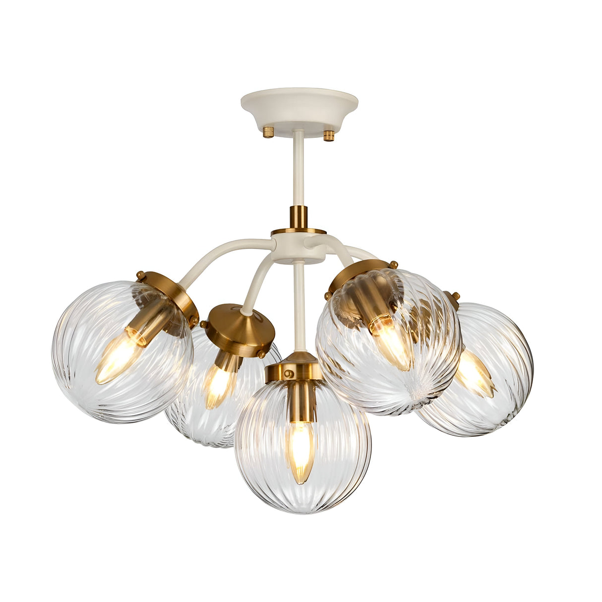 The Cosmos 5 Light Pendant - Cream Painted & Aged Brass features a retro-inspired design with five transparent, ribbed glass globes accented in gold. Each hand-blown glass shade elegantly houses a visible filament bulb, arranged in a circular pattern around a central rod and seamlessly mounted to the ceiling.