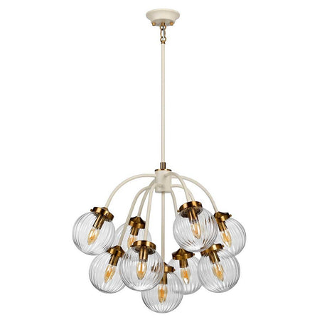 Introducing the Cosmos 9 Light Pendant - Cream Painted & Aged Brass, a modern chandelier showcasing hand-blown glass globe shades arranged in a circular pattern. Each globe reveals a visible bulb, accentuated by brass highlights and a cream-painted metal frame for an elegant finish.