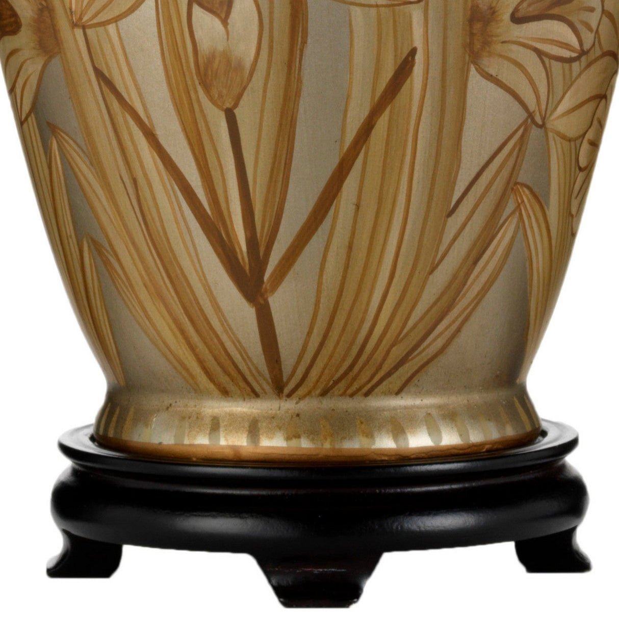The oriental ceramic vase, adorned with a beige and gold floral design showcasing tall stylized flowers and leaves, gracefully rests on a dark wooden stand with four curved feet. It's ideal as an accent piece alongside the Dian Table Lamp With Tall Empire Shade - Silver & Gold.