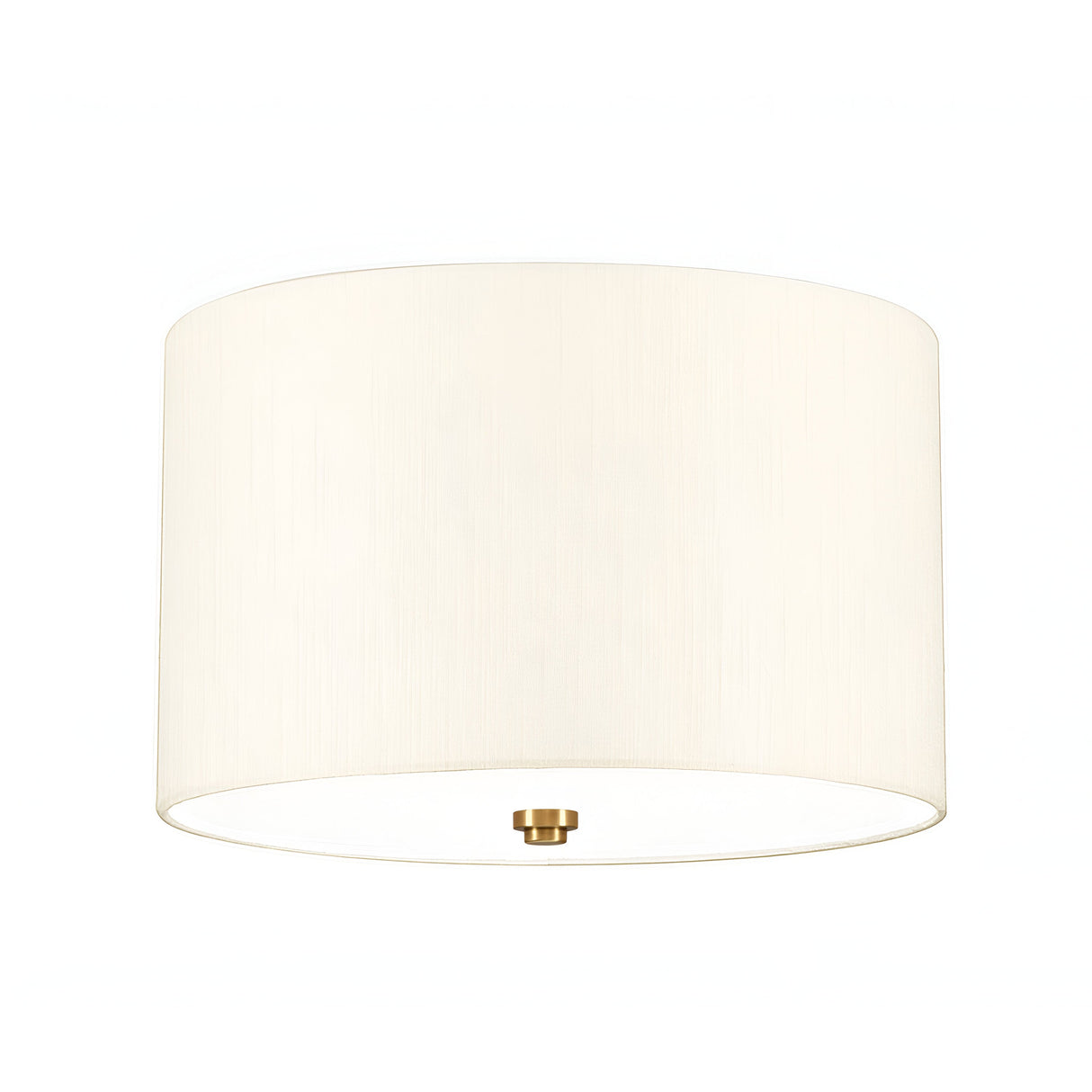The Fletcher 14" Flush features a clean cylindrical design with an ivory faux silk shade and a small, round fixture finished in aged brass at the bottom center. The light is off, displayed against a white background which subtly highlights its flush mount design.