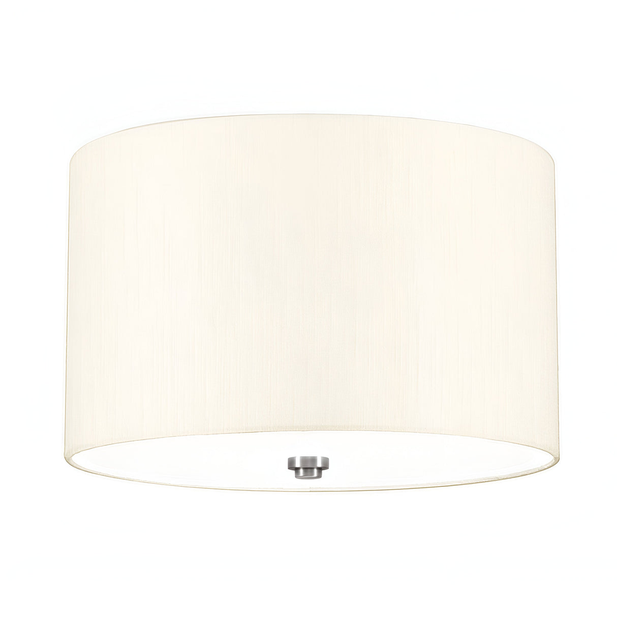 The Fletcher 14" Flush features a sleek, contemporary cylindrical design with an ivory fabric texture and a polished chrome central fixture for easy installation.