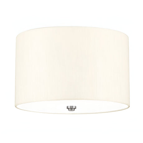 The Fletcher 14" Flush features a sleek, contemporary cylindrical design with an ivory fabric texture and a polished chrome central fixture for easy installation.
