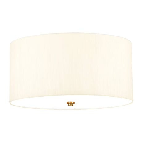 The Fletcher 18" Flush - Aged Brass With Ivory Shade boasts an elegant cylindrical design featuring a smooth faux silk shade and a central aged brass accent, making it an ideal choice for modern interiors.