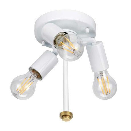 The Fletcher 18" Flush - Aged Brass With Ivory Shade offers a modern design featuring three exposed LED bulbs. It has a white circular base with individual white holders, complemented by a single metal rod that descends elegantly, culminating in an aged brass accent for added sophistication.