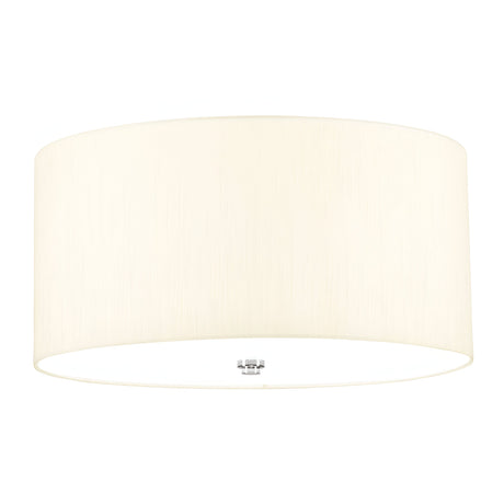 The Fletcher 18" Flush fixture features an ivory shade with a fabric-like texture and polished chrome accents, making it an ideal choice for contemporary interiors. This centrally mounted ceiling light stands gracefully against a pristine white backdrop.