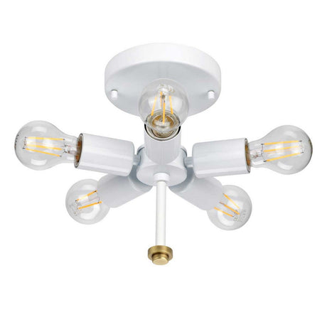 Introducing the Fletcher 22" Flush in Aged Brass with an Ivory Shade: a modern flush ceiling fixture featuring five exposed LED bulbs in an elegant star pattern. The central stem is beautifully accented with an aged brass tip, merging minimalist and industrial design elements for a sophisticated look.
