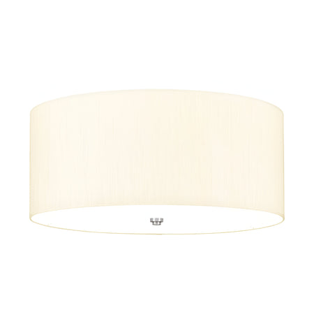 The Fletcher 22" Flush in polished chrome with an ivory shade showcases a minimalist design, highlighted by a large, round fabric shade in soft cream. Accented with a polished chrome cap at the bottom center, it delivers sleek aesthetics and provides warm, diffused ambient light ideal for modern interior settings.