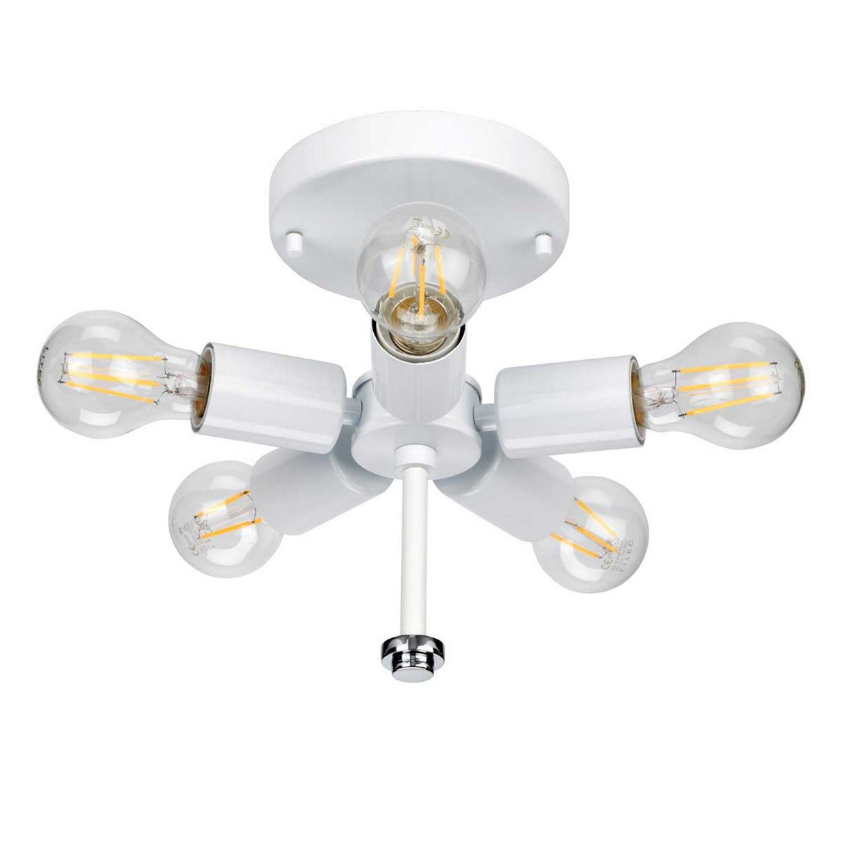 Introducing the Fletcher 26" Flush, featuring a polished chrome finish and an elegant ivory shade. This modern ceiling fixture showcases five exposed LED bulbs, each positioned on separate arms radiating from the center in a star-like geometric pattern, enhancing its minimalist design.