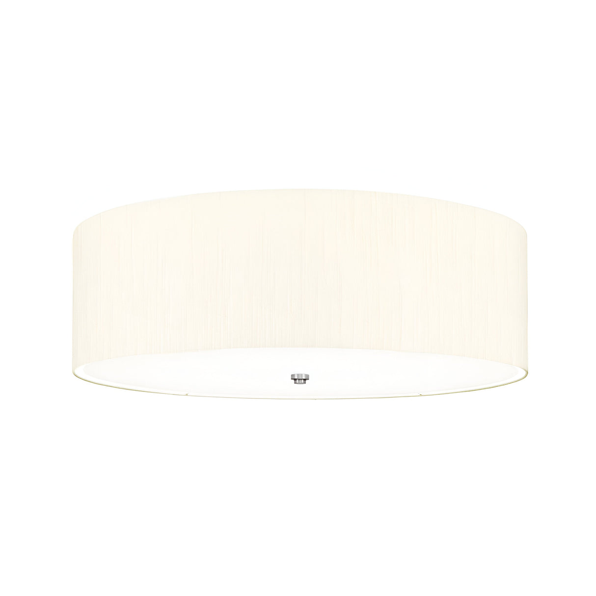 The Fletcher 30" Flush - Polished Chrome With Ivory Shade is a modern, minimalist ceiling fixture with a polished chrome finish and a wide cylindrical ivory shade. A small metal attachment at the bottom enhances its sleek design, while the light is softly diffused through the shade to create an even glow.