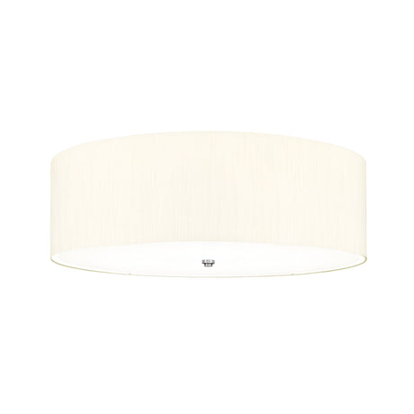 The Fletcher 30" Flush - Polished Chrome With Ivory Shade is a modern, minimalist ceiling fixture with a polished chrome finish and a wide cylindrical ivory shade. A small metal attachment at the bottom enhances its sleek design, while the light is softly diffused through the shade to create an even glow.