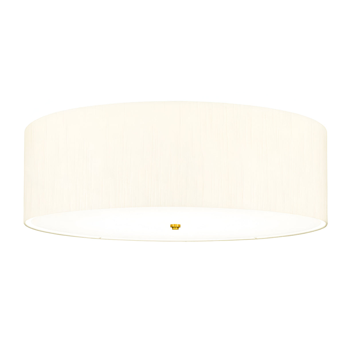 Introducing the Fletcher 34" Flush: an aged brass ceiling fixture featuring a minimalist design with an ivory cylindrical fabric shade.