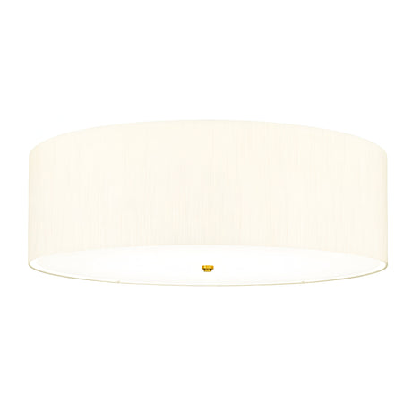 Introducing the Fletcher 34" Flush: an aged brass ceiling fixture featuring a minimalist design with an ivory cylindrical fabric shade.