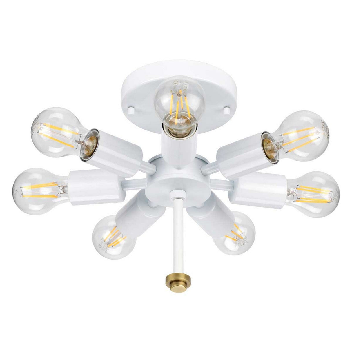 The Fletcher 34" Flush - Aged Brass With Ivory Shade ceiling fixture features a modern design with six exposed bulbs extending from a central white base. The visible filaments and aged brass accent at the bottom make it an elegant addition to any room.