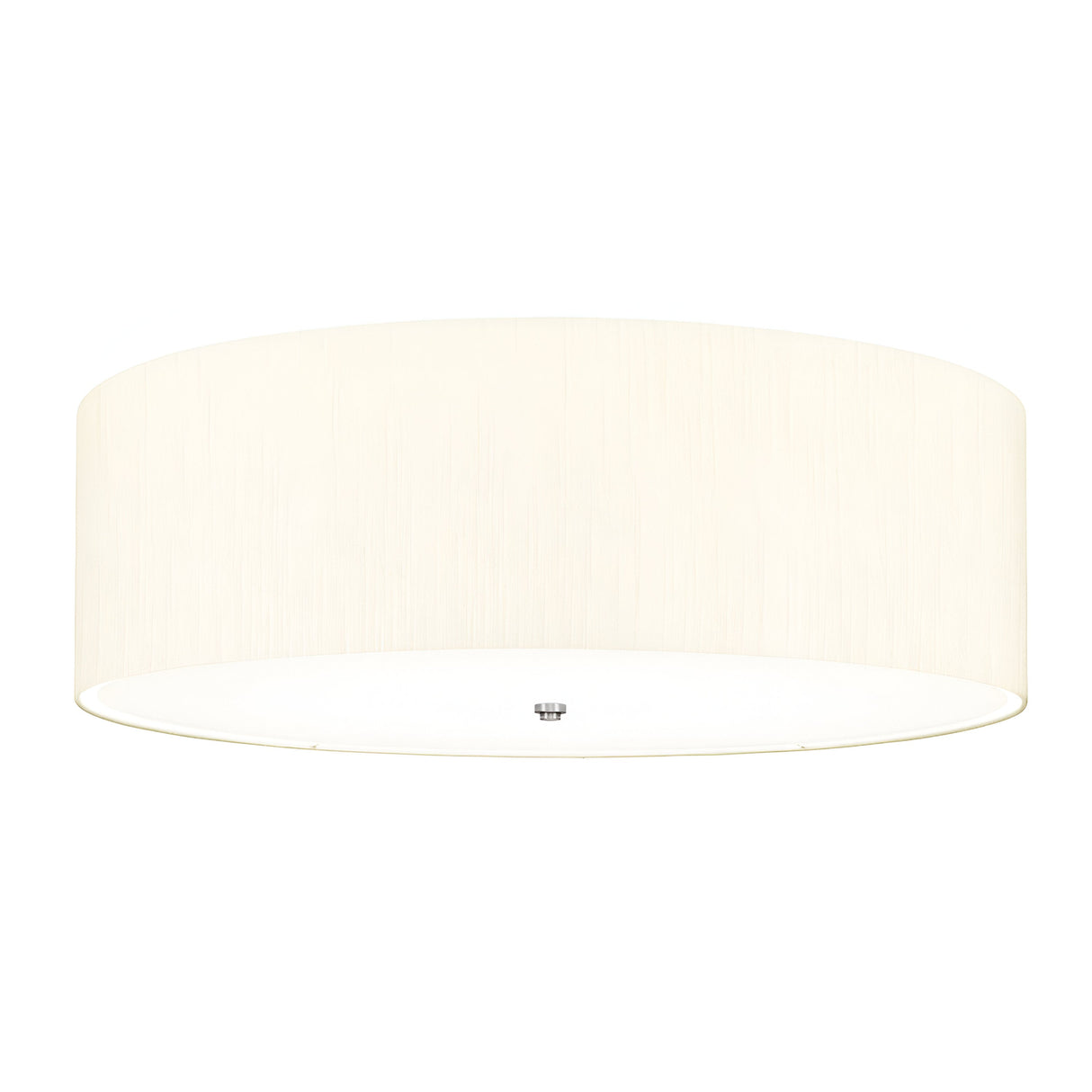 The Fletcher 34" Flush ceiling fixture, featuring a polished chrome finish and an ivory shade, is displayed against a white background. The light is turned off, highlighting its sleek and modern minimalist design.
