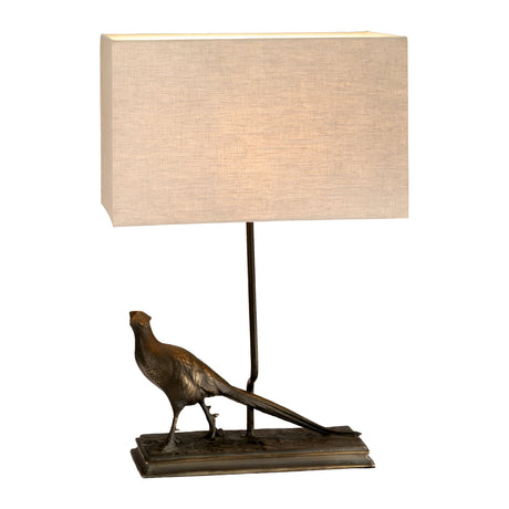Introducing the Halkirk Table Lamp, featuring a hessian shade and a metal base with a decorative pheasant statuette. The gracefully standing bird is adorned with a bronze patina, adding an artistic touch to this functional piece.