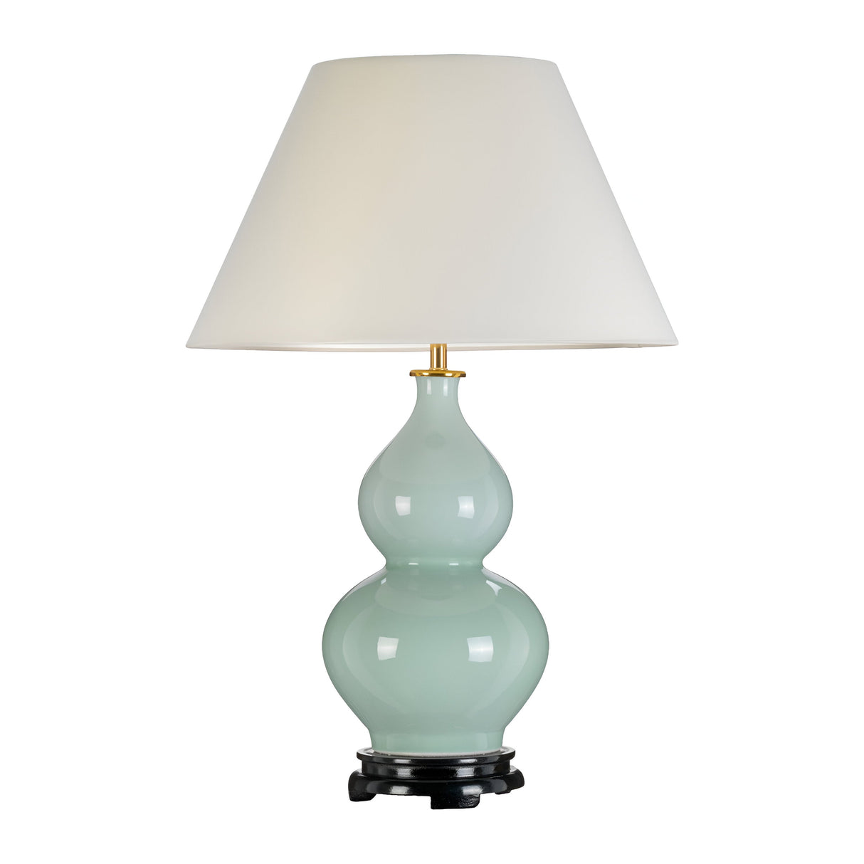 The Harbin Gourd Table Lamp boasts a sleek, celadon-colored ceramic base designed in a double gourd shape, complemented by a white, tall empire shade. It is elegantly set on a dark, circular base.