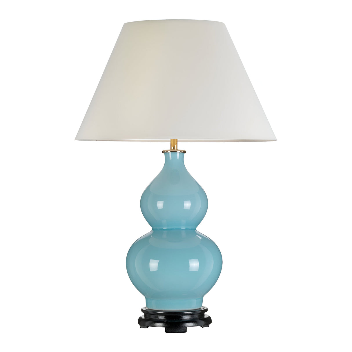 The Harbin Gourd Table Lamp With Tall Empire Shade - Duck Egg Blue showcases a glossy, gourd-shaped base in duck egg blue, paired with a tall empire shade. It rests on a dark circular base, lending the lamp a simple and elegant design that exudes modern sophistication.