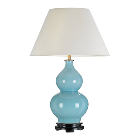 The Harbin Gourd Table Lamp With Tall Empire Shade - Duck Egg Blue showcases a glossy, gourd-shaped base in duck egg blue, paired with a tall empire shade. It rests on a dark circular base, lending the lamp a simple and elegant design that exudes modern sophistication.