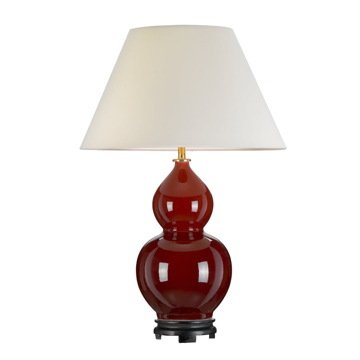 Introducing the Harbin Gourd Table Lamp With Tall Empire Shade - Oxblood, showcasing a glossy oxblood ceramic base complemented by an elegant white conical lampshade. This refined lamp stands gracefully on a black round base, adding a touch of sophistication to any room.