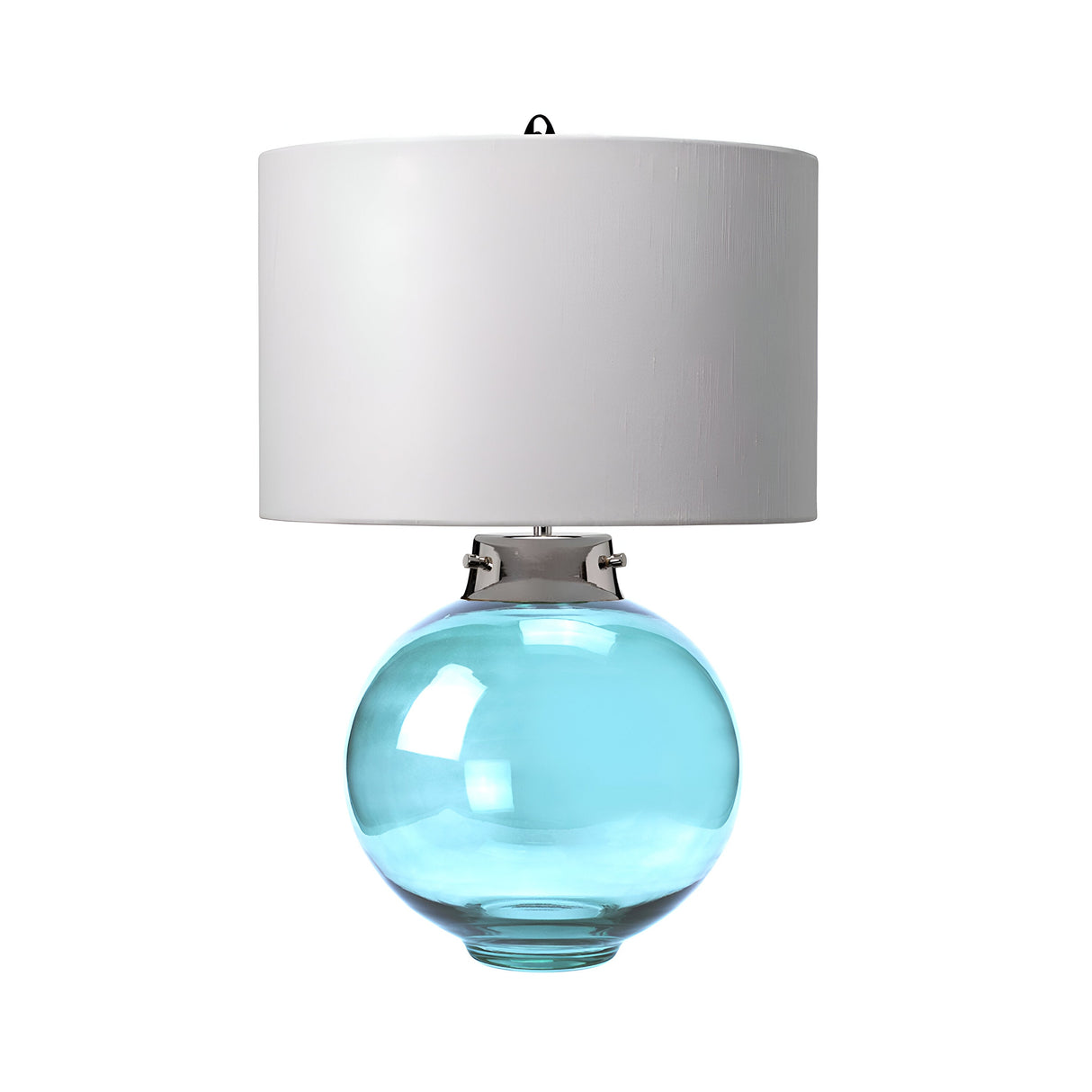 The Kara Table Lamp - Polished Nickel - Blue Glass boasts a transparent turquoise sphere for its blue glass base and is complemented by a sleek white cylindrical lampshade, adding timeless elegance to any space.