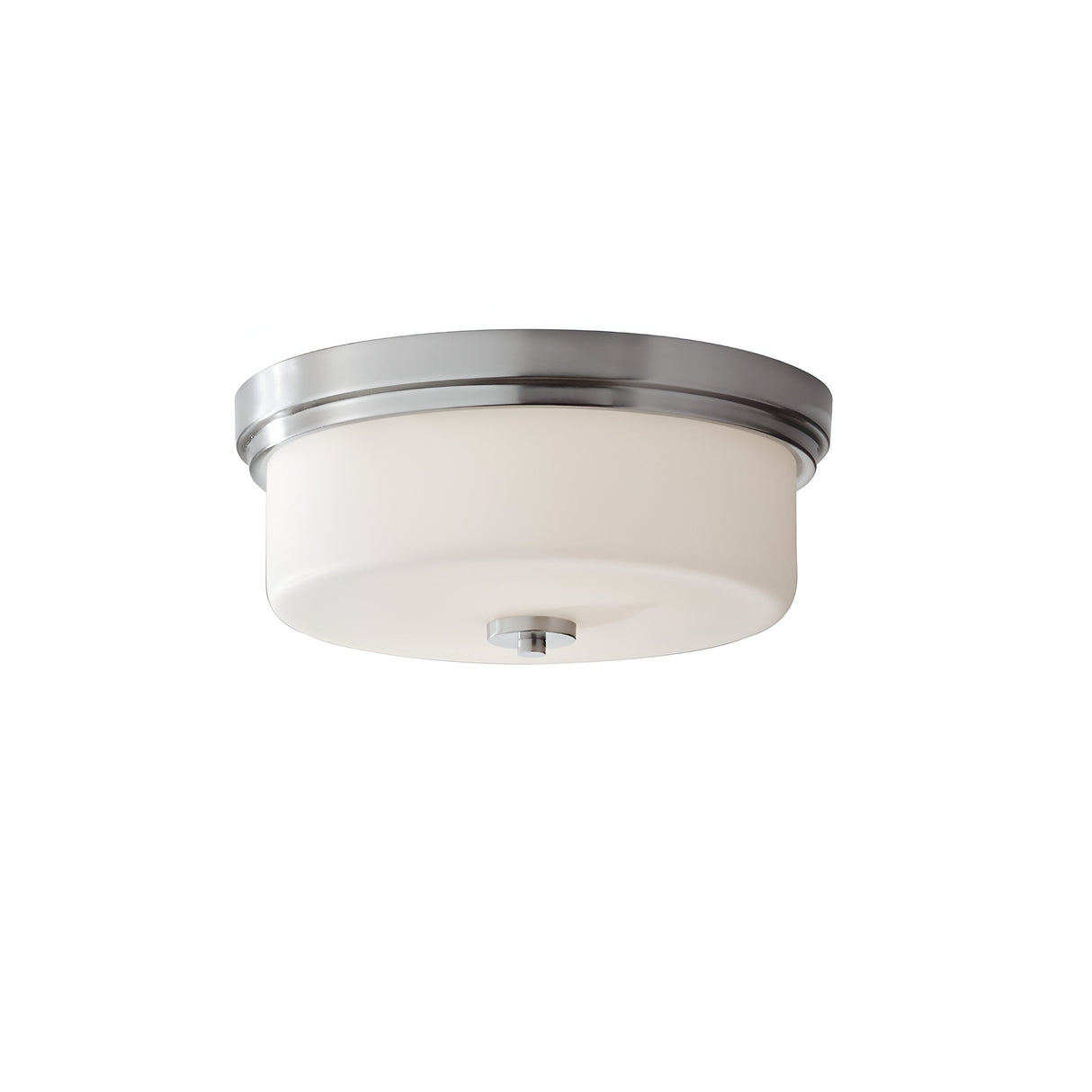Introducing the Kincaid 2 Light Flush in Polished Chrome, featuring a sleek brushed metal rim and a white opal-etched glass cover. This modern light fixture offers a minimalistic design that is perfect for contemporary interiors.