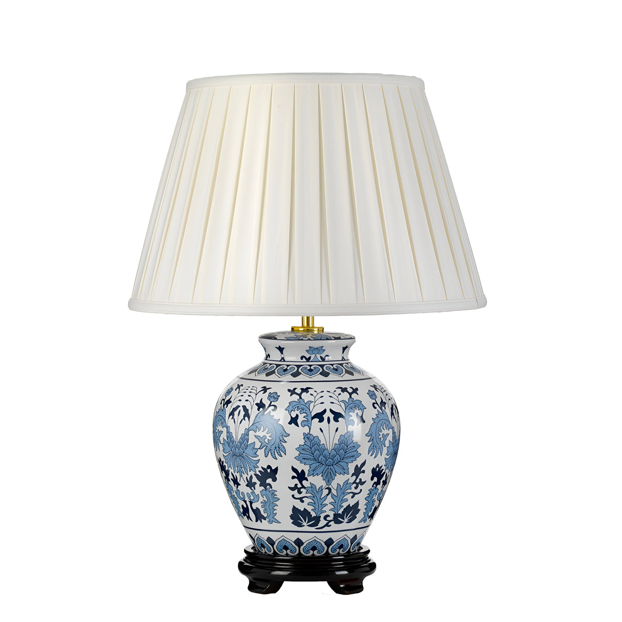 The Linyi Table Lamp With Tall Empire Shade - Blue & White showcases a blue and white floral design on its ceramic base, complemented by a sleek finish. It is topped with a tall empire pleated white lampshade, offering an elegant and classic appearance.