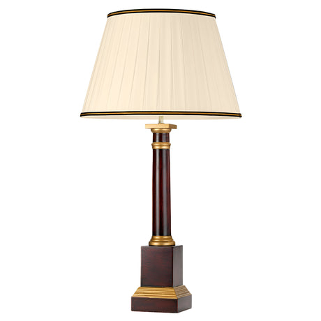Introducing the Louviers Table Lamp With Tall Empire Shade in Oxblood & Gold, featuring a slender wooden stem enhanced with brass detailing and a square wooden base accented in gold, all contributing to its luxurious aesthetic.