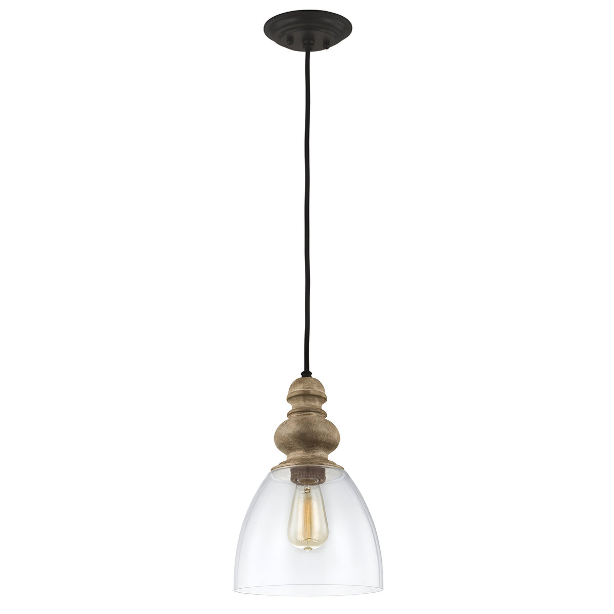 The Matrimonio 1 Light Pendant in Driftwood and Dark Weathered Zinc features a black cord and mount, a decorative wooden accent with a Driftwood finish, and a clear glass shade that elegantly displays a vintage-style bulb—ideal for infusing rustic lighting charm into any space.