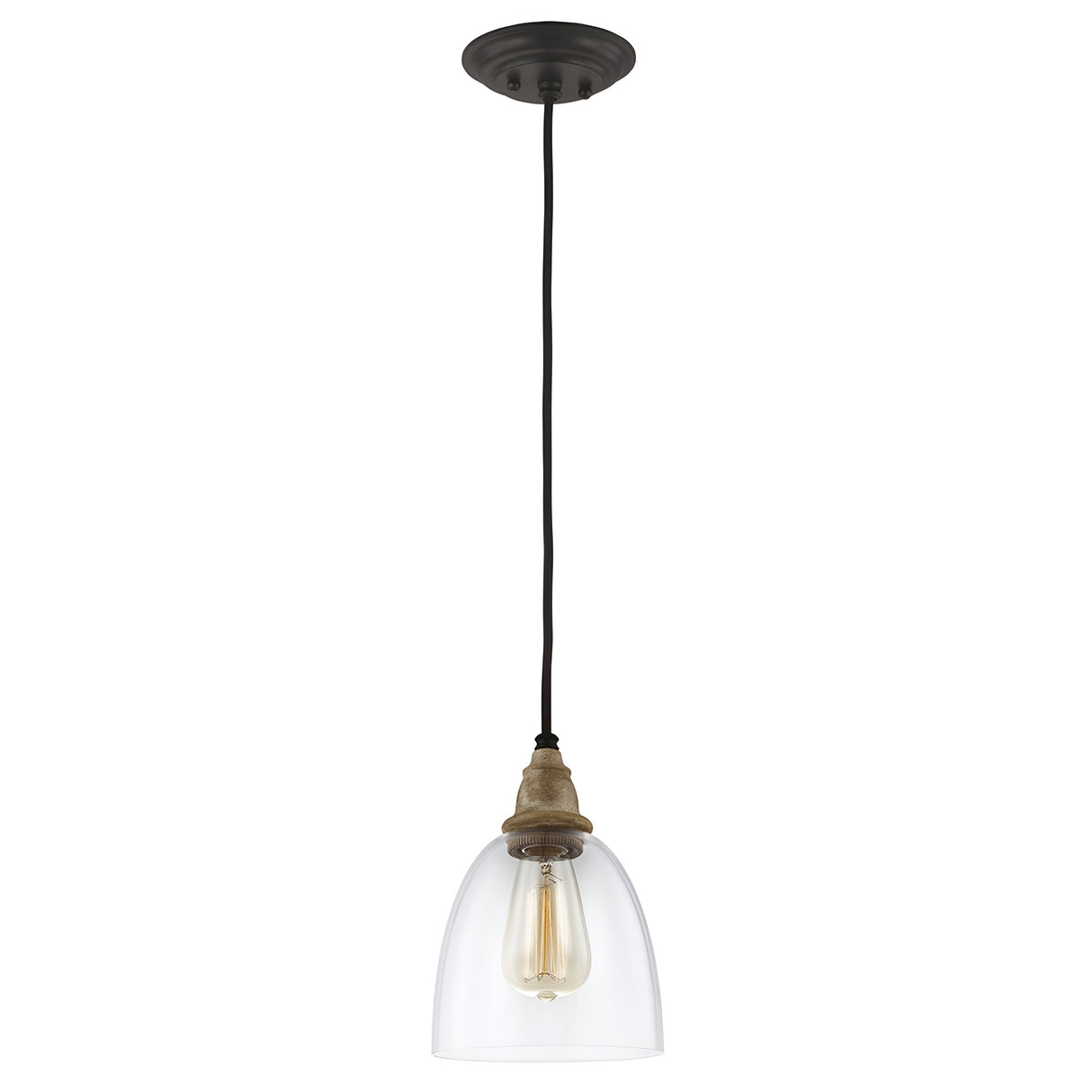 The Matrimonio 1 Light Mini Pendant in Driftwood/Dark Weathered Zinc exudes rustic lighting charm with its clear glass shade. This fixture highlights a single vintage-style exposed bulb, hanging from a black cord attached to a ceiling mount with a driftwood finish.