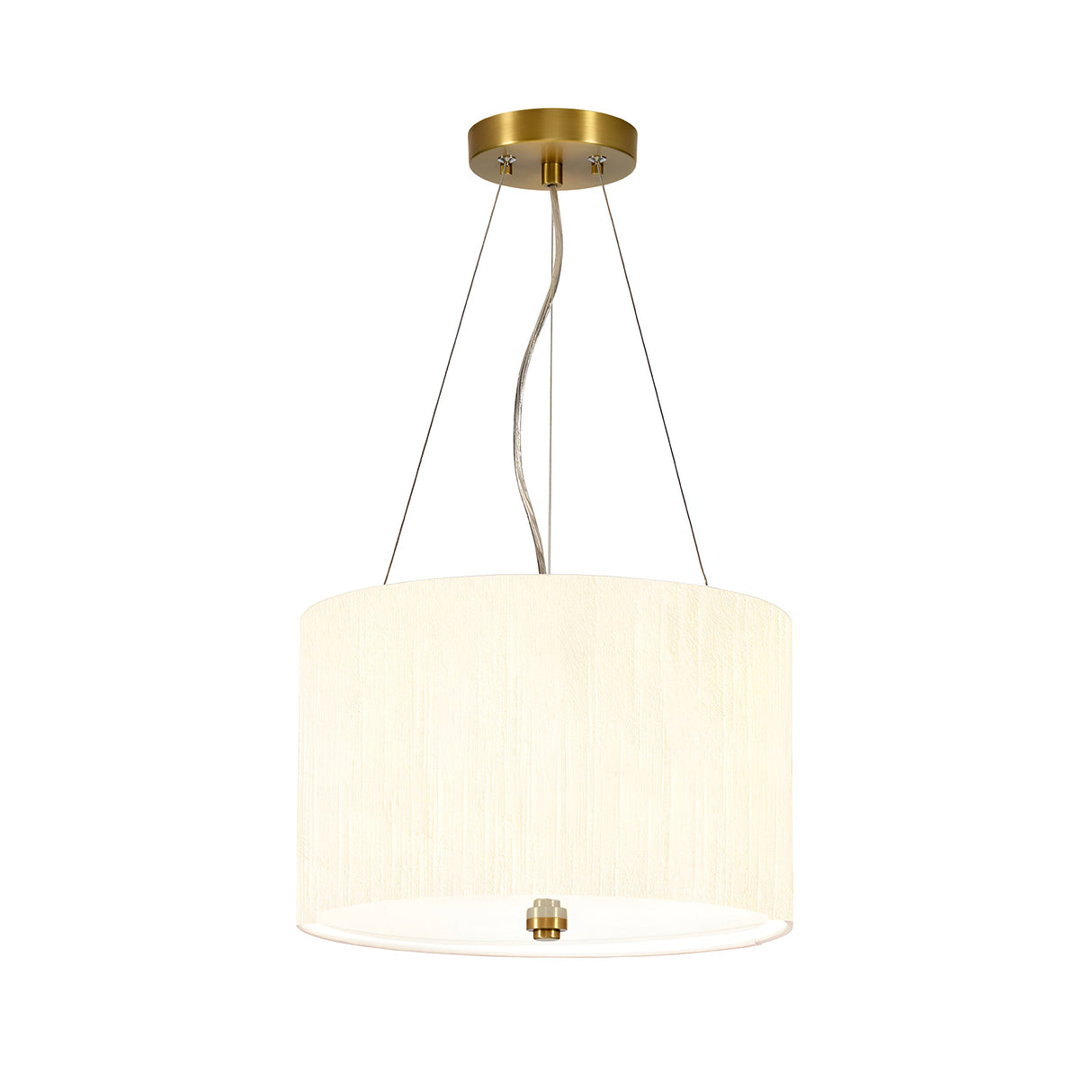 The Pearce 14" Pendant Light features an aged brass base and an ivory, round faux silk shade, suspended by thin wires. Its sleek and minimalist design offers a warm glow.
