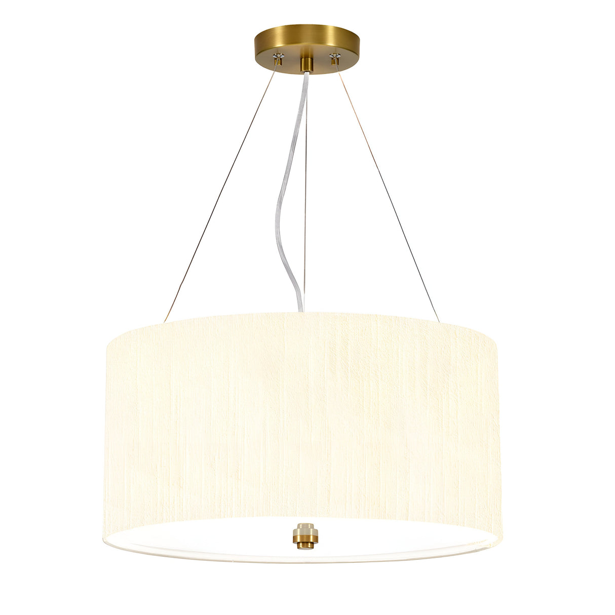 The Pearce 18" Pendant Light - Aged Brass, Ivory Shade showcases a substantial cylindrical faux silk ivory shade that hangs effortlessly from an aged brass ceiling mount via three sleek wires. At its core, a white electrical cord provides a warm and softly illuminated ambiance.